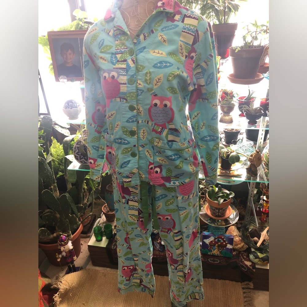 2 piece FLANNEL Pajama Set. Button up Top, button + Strap bottom.